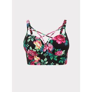 Torrid Underwire Strappy Front Black and Pink Floral Bikini Top Size 3X-DD/F